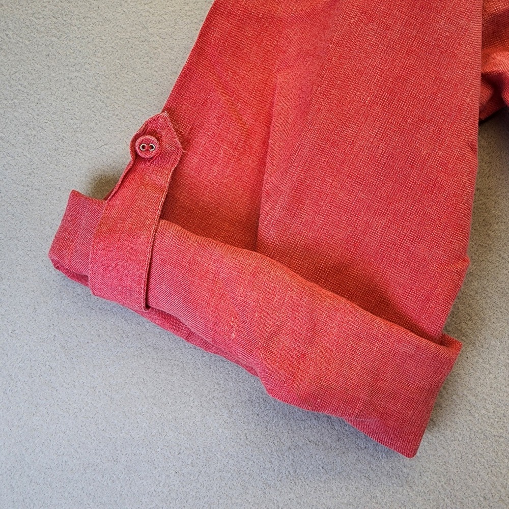 Chicos Linen Button Down Shirt Size 2 Large Pink Red Roll Tab Sleeve Tunic Linen - Picture 6 of 13